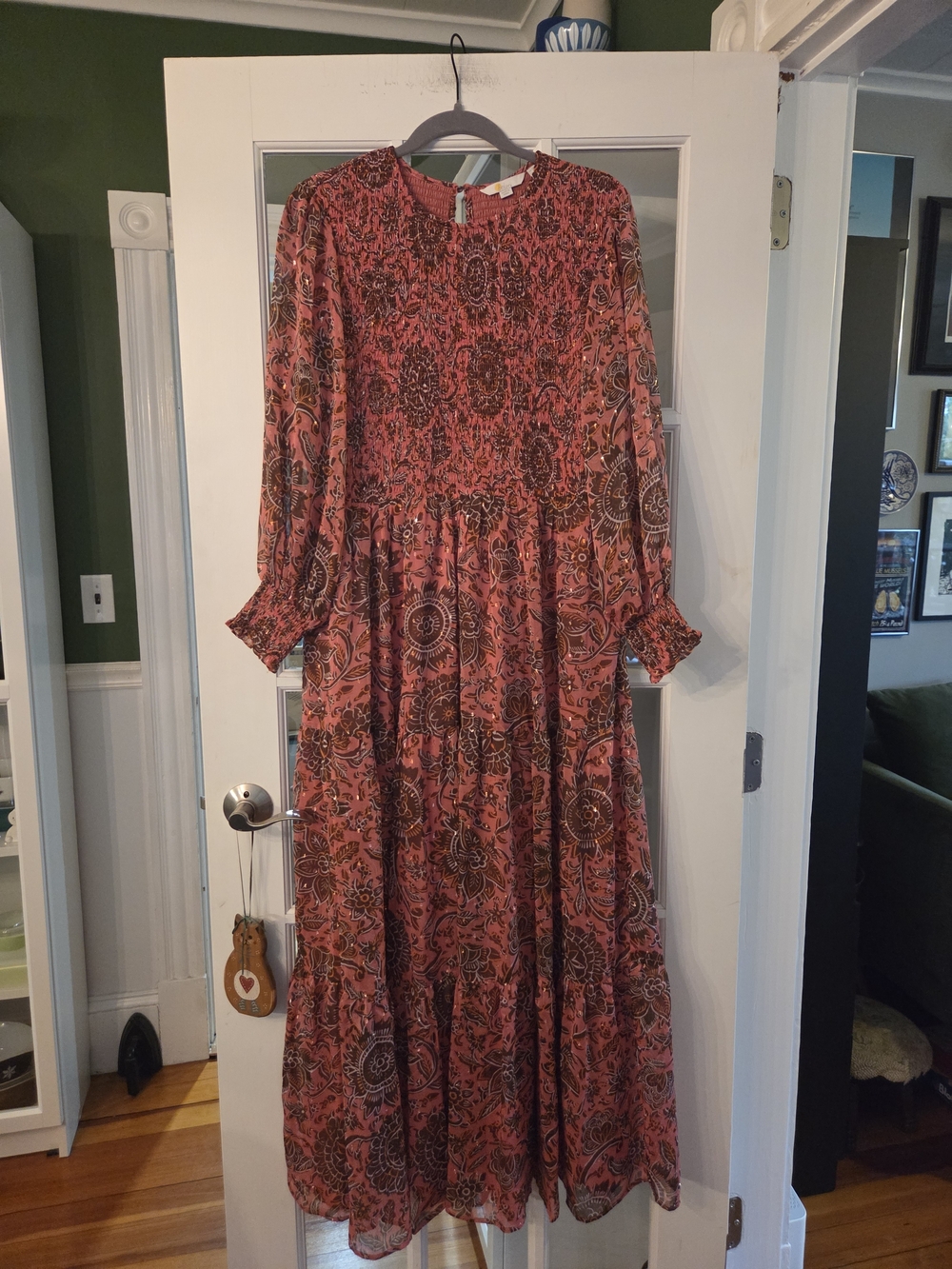 Boden Women's Long Sleeve Coral Paisley Maxi Dress With Gold Accents - Size 14R
